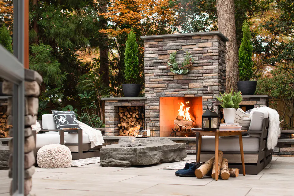 Outdoor living space with gas fireplace, pavilion, and outdoor television